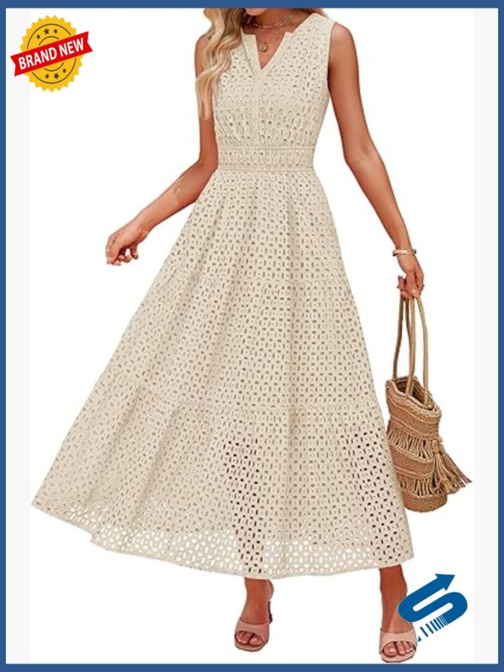 Sleeveless V-Neck Maxi Dress Eyelet A-Line Flowy Casual Long Dress